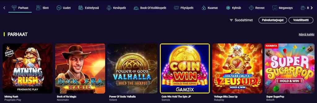 Spin Platinum Casinon peliaula, jossa näkyy suosittuja pelejä eri valmistajilta, kuten Mining Rush, Book of Ra Magic ja Power of Gods: Valhalla.
