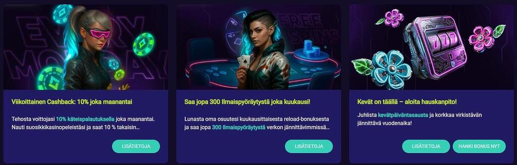 Spin Platinum Casinon kampanjasivu, jossa mainostetaan 10% viikoittaista cashbackia, kuukausittaisia ilmaiskierroksia sekä kevätkampanjaa.
