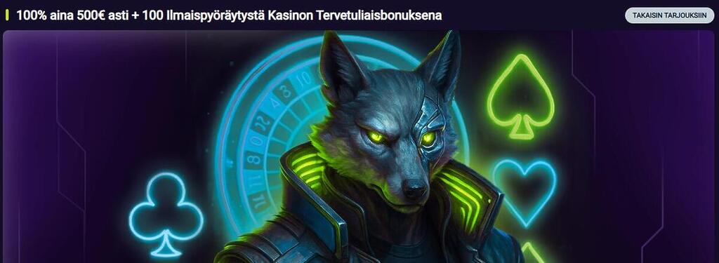 Spin Platinum Casinon tervetuliaisbonus, jossa on kyborgisusi ja neonvaloin loistavia pelikorttien maita. Tekstissä luvataan 100% bonus 500€ asti ja 100 ilmaiskierrosta.