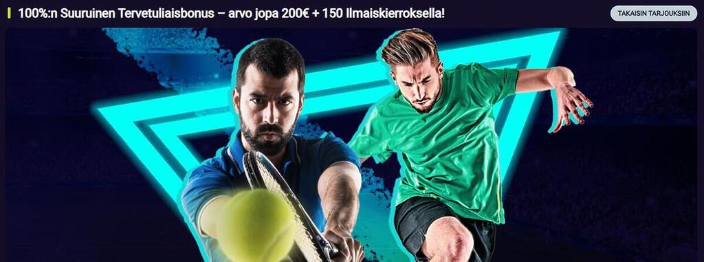 Spin Platinum vedonlyönnin tervetuliaisbonus, jossa kaksi urheilijaa poseeraa neonväristen kolmioiden edessä. Tekstissä mainitaan 100% bonus 200€ asti ja 150 ilmaiskierrosta.