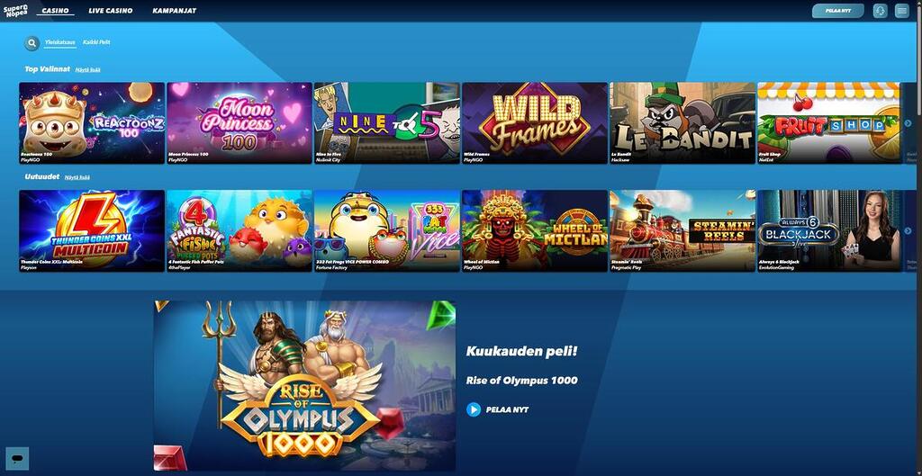 SuperNopea Casinon kotisivu, jossa näkyy suosituimpia pelikategorioita, uusia pelejä ja kuukauden peli Rise of Olympus 1000.
