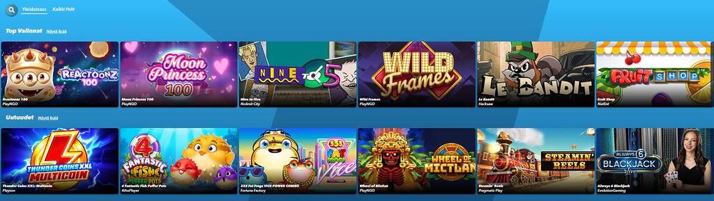 SuperNopea Casinon peliaula, jossa näkyy suosituimpia pelejä, kuten Reactoonz ja Moon Princess, sekä uutuuspelejä.