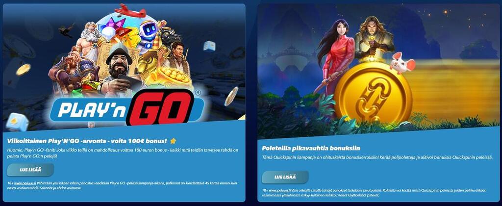 SuperNopea Casinon kampanjasivu, jossa mainostetaan viikoittaista Play'n GO -arvontaa 100€ bonuksella ja Quickspinin poletteja bonustoimintojen ostamiseen.