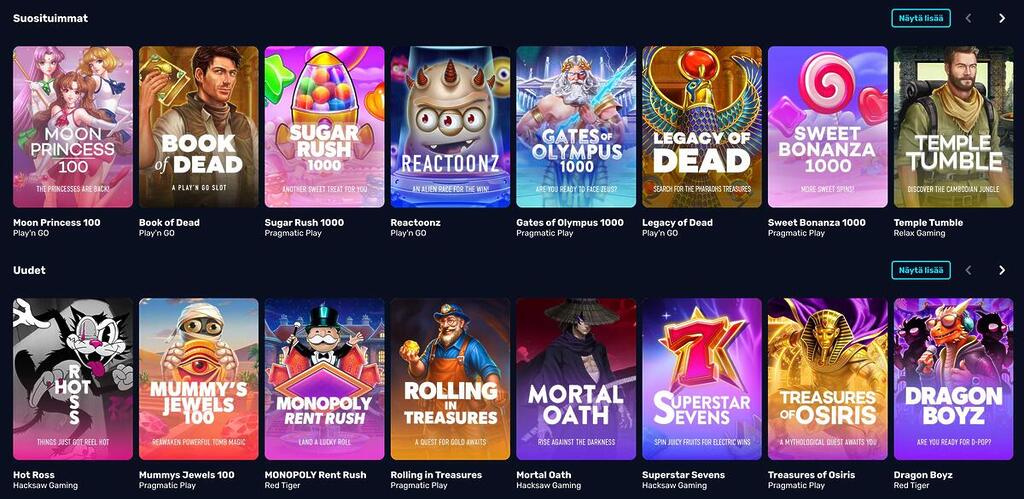 SuperOnni Casinon peliaula, jossa näkyy suosittuja kolikkopelejä kuten Moon Princess 100, Book of Dead ja Sugar Rush 1000 sekä uutuuspelejä.