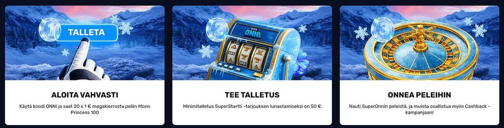 SuperOnni Casinon tervetuliaistarjouksen ohjeet: käytä koodia ONNI saadaksesi 20 megakierrosta 50€ minimitalletuksella.