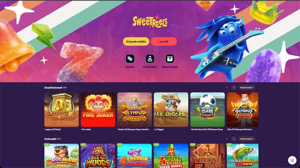 Sweetreels Casinon värikäs etusivu, jossa näkyvät sisäänkirjautumis- ja rekisteröintipainikkeet, Toonz-hahmo sekä suosituimpia ja uusia kolikkopelejä.