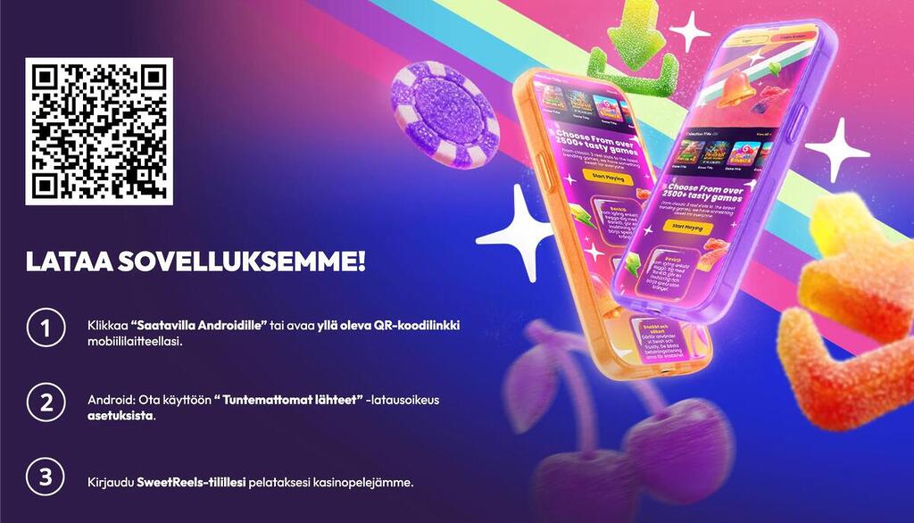 Sweetreels-mobiilisovelluksen lataussivu, jossa on QR-koodi ja kolmivaiheiset asennusohjeet Android-laitteille kahden värikkään älypuhelimen rinnalla.