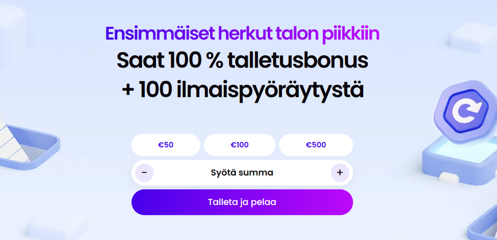 Trickz Casinon tervetuliaisbonus: 100 % talletusbonus ja 100 ilmaispyöräytystä. Kuvassa näkyy talletusvalikko, jossa on vaihtoehdot 50 €, 100 € ja 500 €, sekä 'Talleta ja pelaa' -painike.