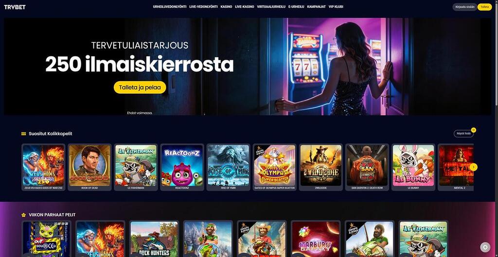 Trybet Casinon etusivu, jossa näkyy tervetuliaistarjous 250 ilmaiskierrosta, "Talleta ja pelaa" -painike sekä suosittuja kolikkopelejä.
