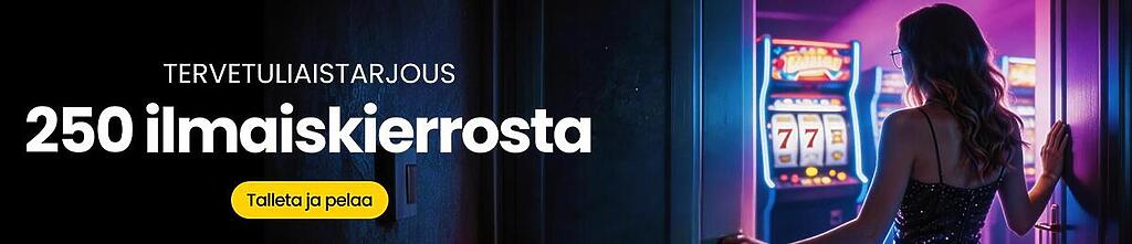 Trybet tervetuliaistarjous: 250 ilmaiskierrosta ja keltainen Talleta ja pelaa -painike tunnelmallisella kasinotaustalla.