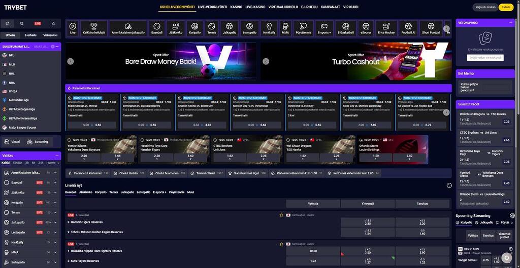 Trybetin vedonlyöntisivu, jossa näkyy eri urheilulajeja, tehostettuja kertoimia, livenä pelattavia kohteita ja vetokuponki.