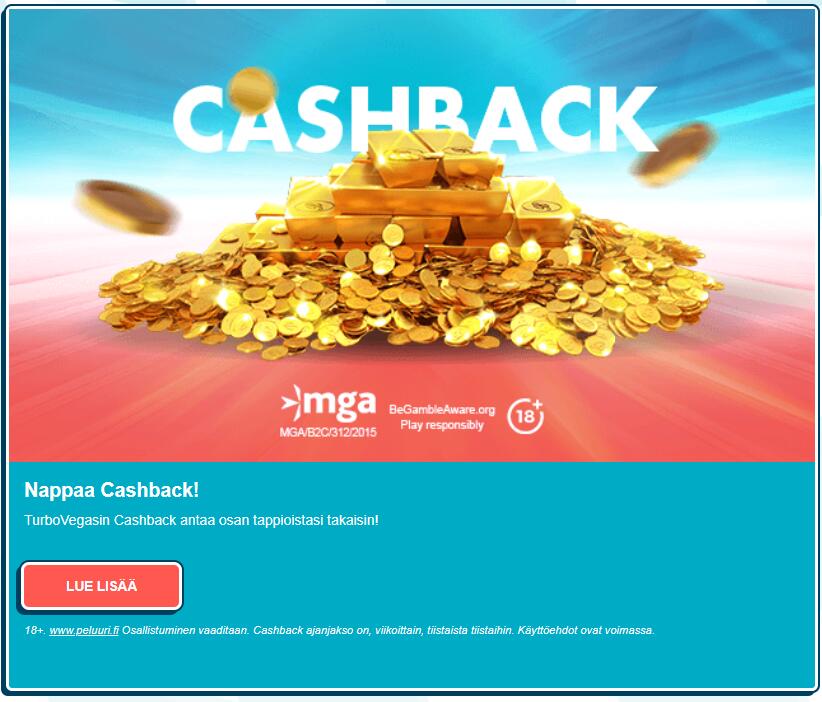 TurboVegas Casinon viikoittaisen cashback-kampanjan banneri, jossa näkyy kultaharkkoja ja kettumaskotti.