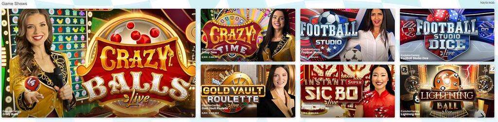 TurboVegas Casinon live game show -pelejä, kuten Crazy Balls, Deal or No Deal ja Football Studio.