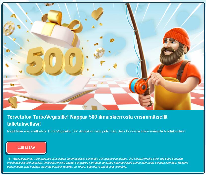 TurboVegas Casinon tervetuliaisbonus: nappaa 500 ilmaiskierrosta ensimmäisellä talletuksella.