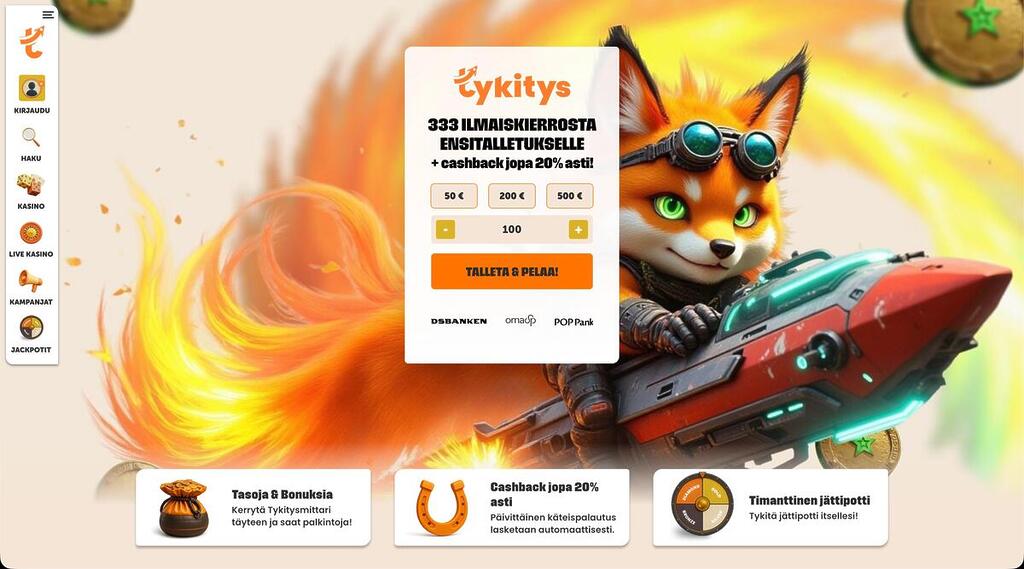 Tykitys Casinon moderni etusivu, jossa kettumaskotti ohjaa rakettia. Sivustolla mainostetaan 333 ilmaiskierrosta ja jopa 20 % cashbackia.