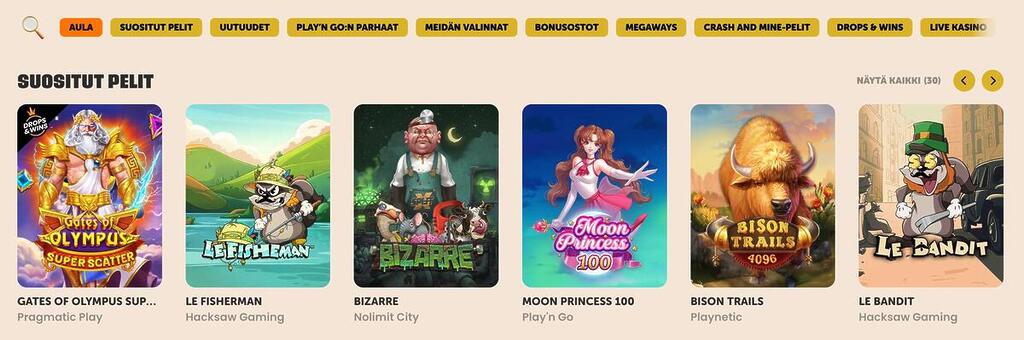 Tykitys Casinon suosittuja kolikkopelejä, kuten Gates of Olympus, Moon Princess 100 ja Le Bandit. Yläpalkissa näkyvät eri pelikategoriat.