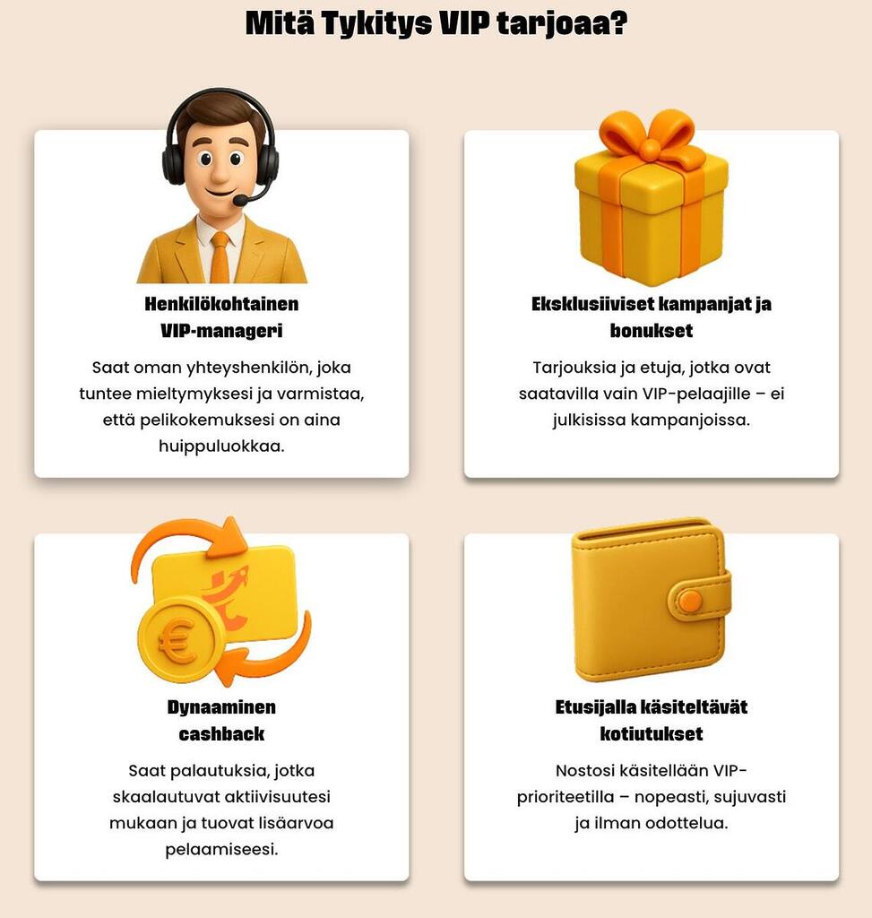 Tykitys VIP-ohjelman edut: henkilökohtainen VIP-manageri, eksklusiiviset bonukset, dynaaminen cashback ja etusijalla käsiteltävät kotiutukset.