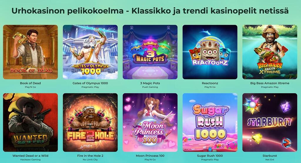 Urho Casinon pelivalikoimaa esittelevä näkymä, jossa näkyy suosittuja kolikkopelejä kuten Book of Dead, Gates of Olympus 1000, Reactoonz, Wanted Dead or a Wild ja Starburst.