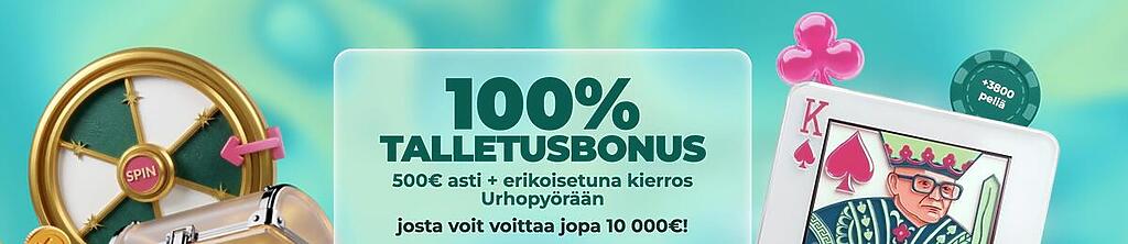 Urho Casinon tervetuliaisbonus-banneri, jossa mainostetaan 100% talletusbonusta 500€ asti sekä erikoisetuna kierrosta Urhopyörään, josta voi voittaa jopa 10 000€. Kuvituksessa on onnenpyörä ja kuningas-pelikortti Urho Kekkosen kasvoilla.
