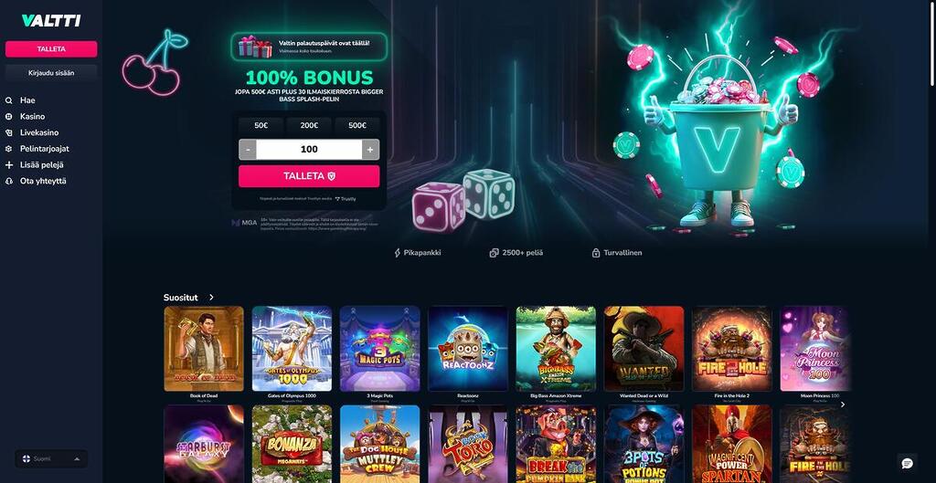 Valtti Casinon tummanpuhuva etusivu, jossa esitellään 100 % tervetuliaisbonus 500 € asti ja 30 ilmaiskierrosta Bigger Bass Splash -peliin. Oikealla puolella näkyy kasinon maskottina toimiva vihreä ämpäri salamaniskujen ja pelimerkkien ympäröimänä.