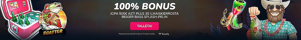 Valtti Casinon tervetuliaisbonusbanneri, jossa mainostetaan 100 % bonusta jopa 500 € asti sekä 30 ilmaiskierrosta Bigger Bass Splash -peliin. Kuvassa on teemaan sopivasti kalastaja saaliineen, uistimia sekä kylmälaukku täynnä juomia.