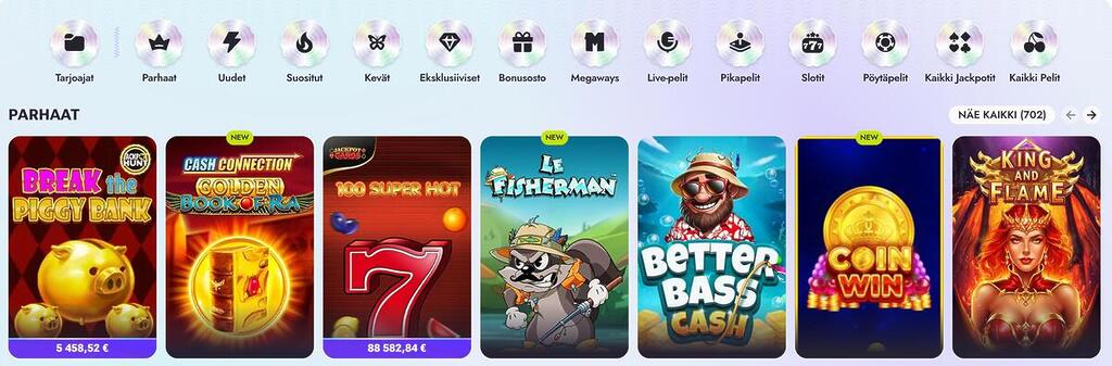 Vipsta Casinon peliaula, jossa näkyy eri pelikategorioita ja suosittuja kolikkopelejä, kuten Break the Piggy Bank ja 100 Super Hot.