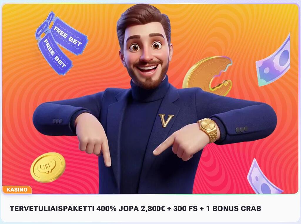 Vipsta Casinon tervetuliaisbonus-banneri: 400% bonus 2800€ asti, 300 ilmaiskierrosta ja 1 Bonus Crab.