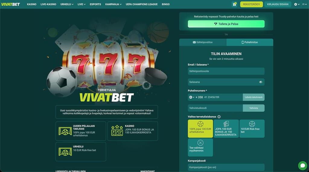 VivatBet-kasinon rekisteröitymissivu, jossa näkyy tilin avaaminen, tervetuliaisbonuksen valinta sekä Trustly-pikatalletusmahdollisuus