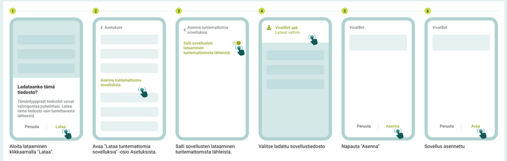 VivatBetin mobiilisovelluksen asennusohje Android-laitteelle vaihe vaiheelta, mukaan lukien sovelluksen lataus ja asennus