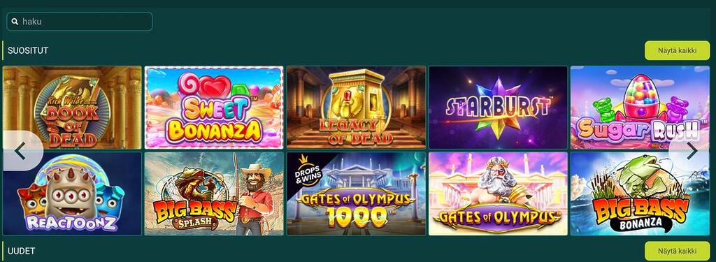 VivatBet-kasinon pelivalikoima, jossa esillä suositut kolikkopelit kuten Sweet Bonanza, Starburst, Gates of Olympus ja Big Bass Bonanza