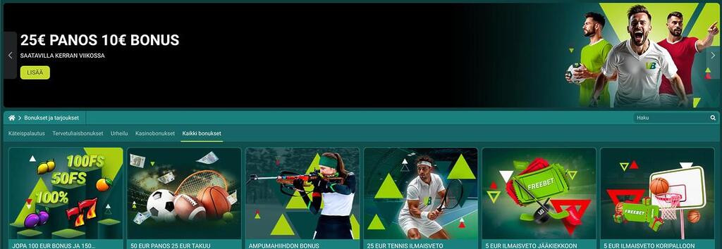VivatBetin bonus- ja kampanjasivu, jossa näkyvät urheilu- ja kasinobonukset, ilmaisvedot sekä viikoittaiset tarjoukset