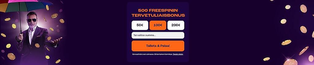 Wheelz Casinon banneri, jossa David Hasselhoff pitelee sateenvarjoa kultakolikoiden sateessa ja mainostaa 500 freespinin tervetuliaisbonusta 35x kierrätyksellä.