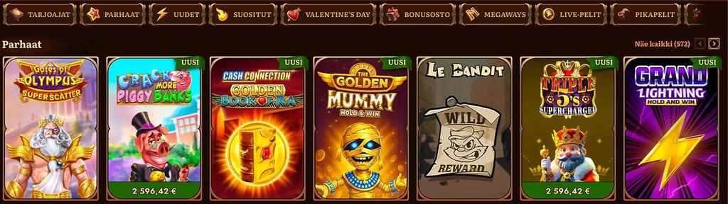 Wild Robin -kasinopelit-näkymä, jossa näkyy suosituimmat ja uudet kolikkopelit korttipohjaisessa asettelussa