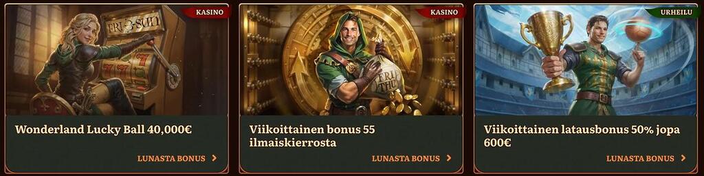 Wild Robin -tarjoukset-sivu, jossa esitellään viikoittaisia kampanjoita, bonusostoja ja erikoistarjouksia
