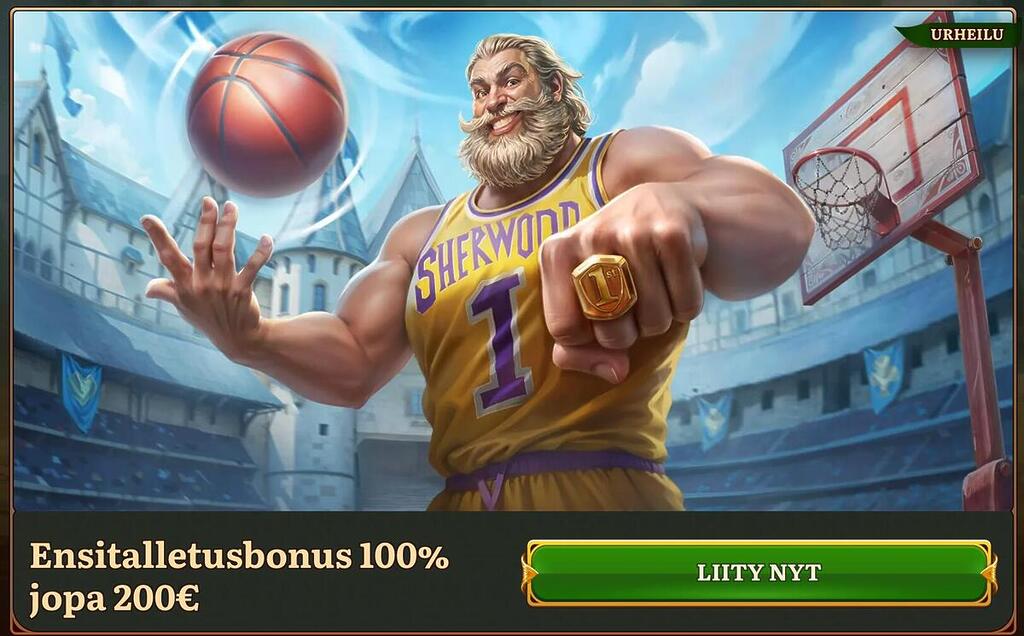 Wild Robin -urheilusivu, kampanjabanneri, jossa esitellään ensitalletusbonus 100% jopa 200€ ja urheiluteemainen grafiikka