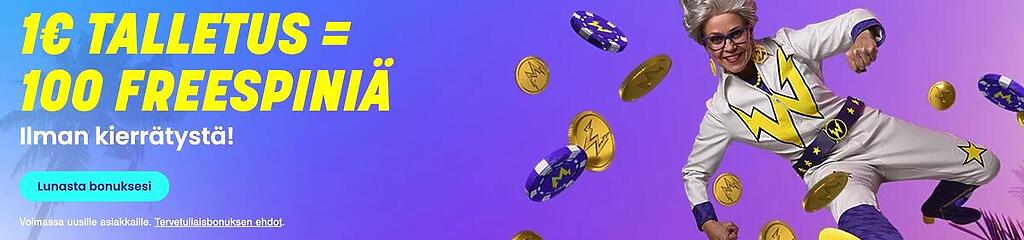 Wildz Casinon tervetuliaistarjous: 1€ talletus tuo 100 freespinniä ilman kierrätystä. Kuvassa esiintyy Wildz-hahmo Granny ja lentäviä pelimerkkejä.