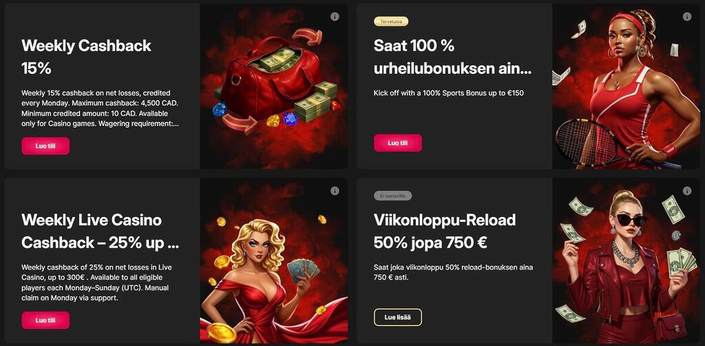 WinCashino kampanjat -osio, jossa esillä viikoittainen 15% cashback, live-kasinon cashback, urheilubonus sekä viikonloppu reload -tarjoukset kampanjakuvien kanssa