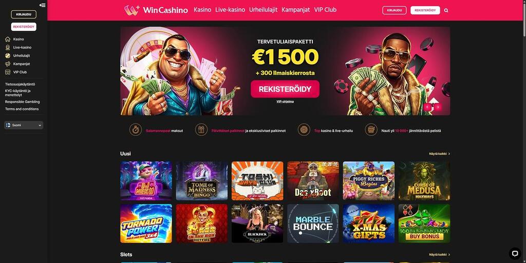 WinCashino-kasinon etusivu, jossa näkyy tervetuliaispaketti 1500€ ja 300 ilmaiskierrosta, rekisteröitymispainike sekä kasinopelien esittely