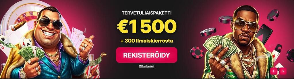 WinCashino tervetuliaispaketti -banneri, jossa mainostetaan 1500€ bonus ja 300 ilmaiskierrosta sekä VIP-ohjelma