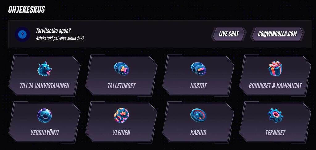 Winrolla kasinon ohjekeskus, jossa kategoriat kuten Tili ja vahvistaminen, Talletukset, Nostot, Bonukset & kampanjat, Vedonlyönti, Yleinen, Kasino ja Tekniset sekä linkit live chatiin