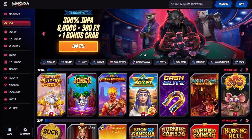 Winrolla etusivu ja tervetuliaispaketti 300% jopa 8,000€ + 300 FS + 1 Bonus Crab, Luo tili -painike ja esillä suosituimmat kolikkopelit