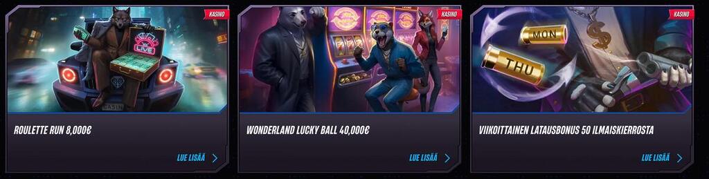 Winrolla kampanjasivu, jossa tarjoukset kuten Roulette Run 8,000€, Wonderland Lucky Ball 40,000€ ja Viikoittainen latausbonus 50 ilmaiskierrosta