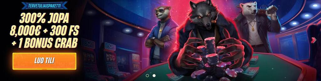 Winrolla etusivu ja tervetuliaispaketti 300% jopa 8,000€ + 300 FS + 1 Bonus Crab, Luo tili -painike ja esillä suosituimmat kolikkopelit