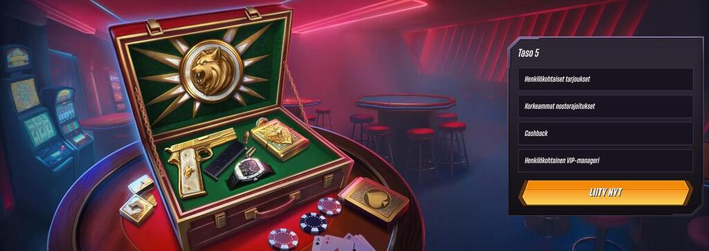 Winrolla VIP-ohjelma, jossa taso 5 edut kuten henkilökohtaiset tarjoukset, korkeammat nostorajoitukset, cashback ja henkilökohtainen VIP-manageri