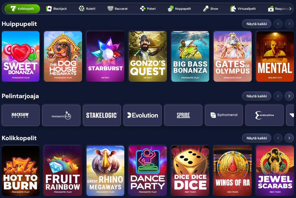 Zenobet Casinon peliaula, jossa näkyy yläpalkin pelikategoriat, Huippupelit kuten Sweet Bonanza ja Starburst, pelintarjoajia sekä Kolikkopelit-osio.