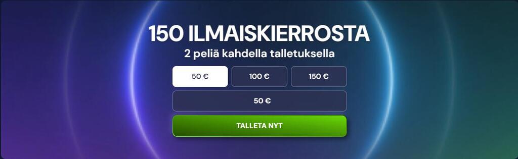 Zenobet Casonon tervetuliaistarjous, jossa luvataan 150 ilmaiskierrosta ja 2 peliä kahdella talletuksella sekä Talleta nyt -painike.