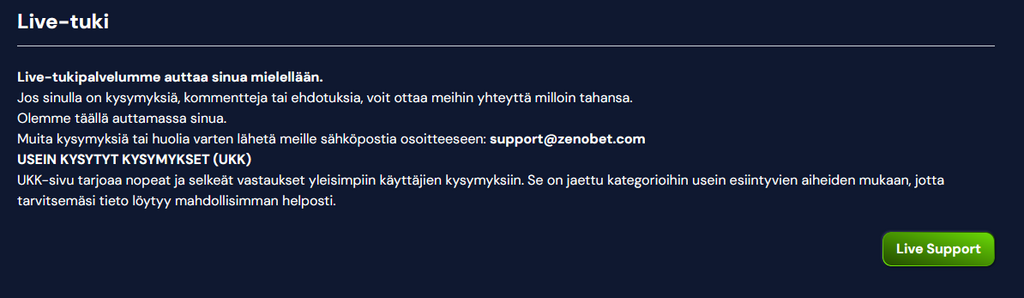 Zenobet Casinon Live-tuki ja asiakaspalvelunäkymä, jossa mainitaan sähköpostiosoite support@zenobet.com ja oikeassa alakulmassa vihreä Live Support -painike.